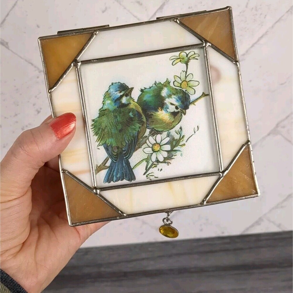 Vintage Stained Glass & Brass Trinket Box Birds Hinged Lid Art Deco Jewelry Box